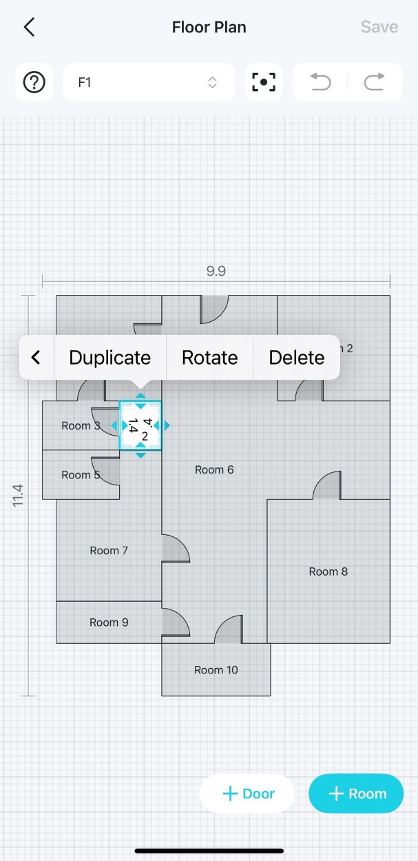 A floor plan editing page displays a selected room with a pop-up menu with 'Duplicate', 'Rotate', and 'Delete' options.