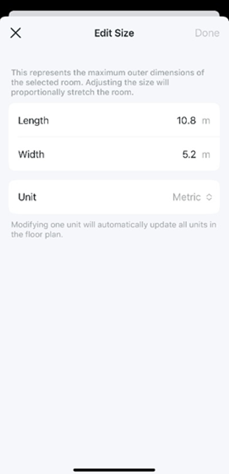 Room size editing page, containing input fields for length, width, and units.