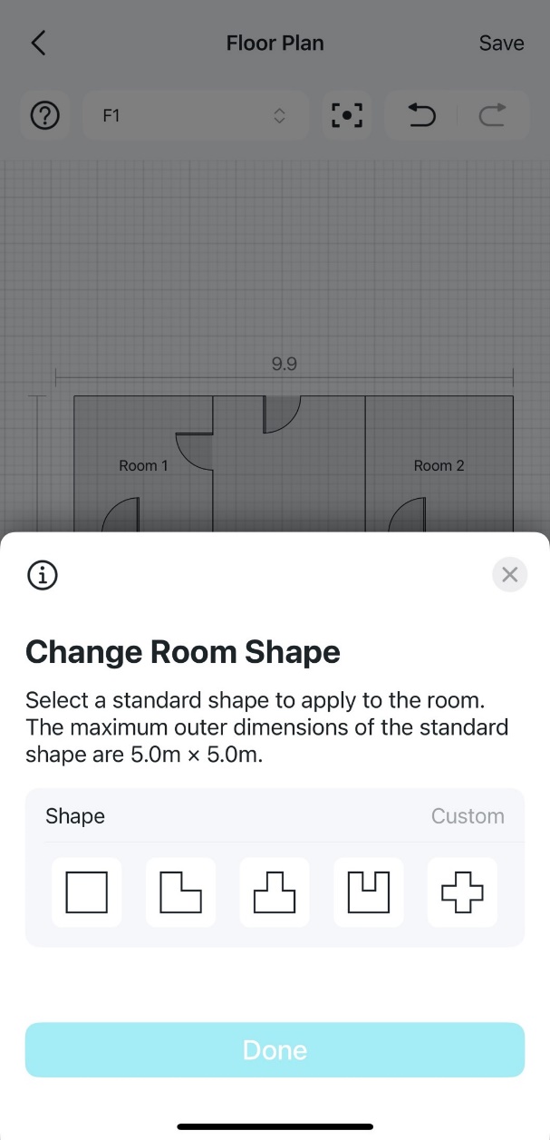 Room shape editing page, offering multiple standard shapes for the room.