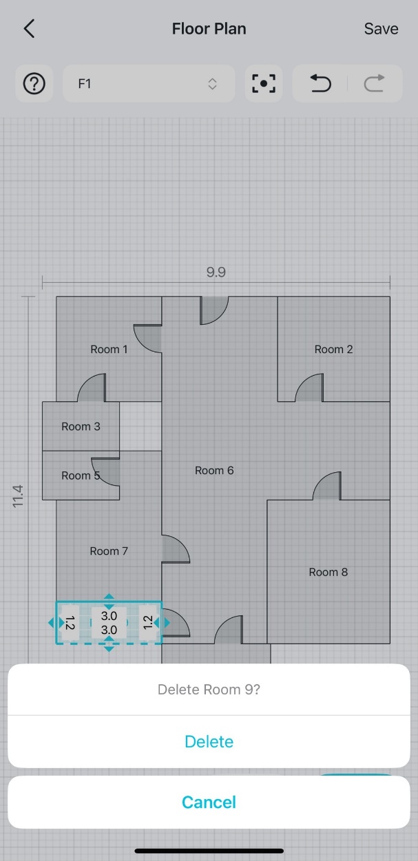 A floor plan editing page displays a selected room with a pop-up window asking 'Delete Room 9?'.