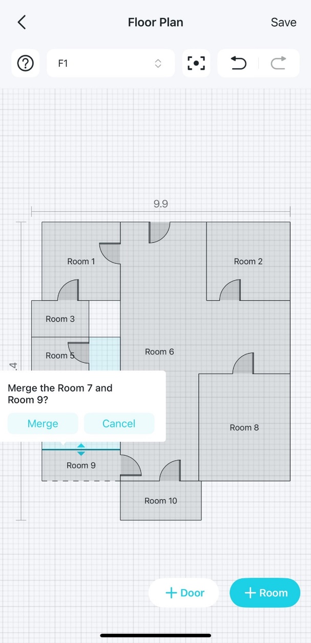 A floor plan editing page with a confirmation dialog box asking to 'Merge Room 7 and Room 9?'.