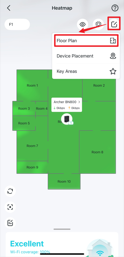 Localize o ícone Editar e a opção Planta Baixa em um mapa de calor.