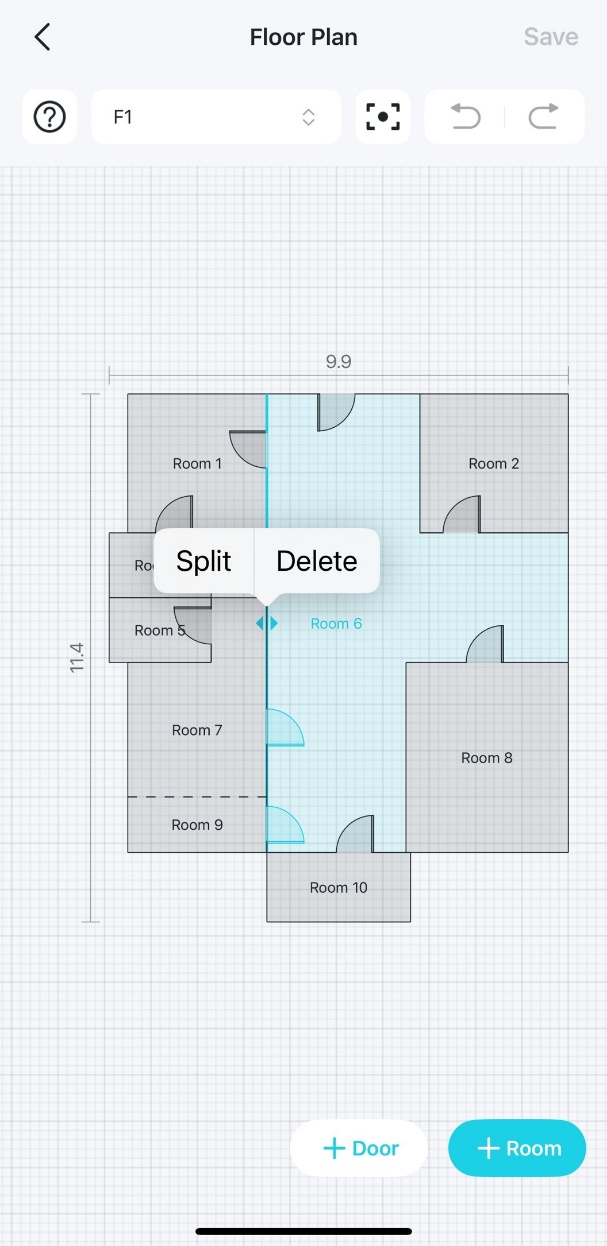 A floor plan editing page displays a selected room with a pop-up menu with 'Split' and 'Delete' options.