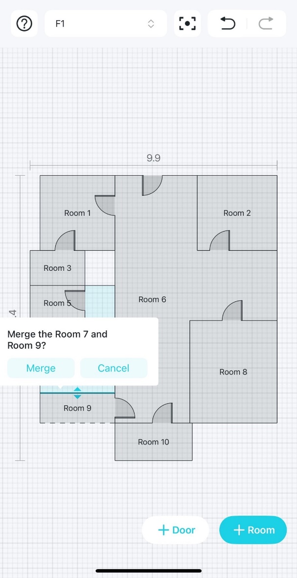 A floor plan editing page with a confirmation dialog box asking to 'Merge the Room 7 and Room 9?'.