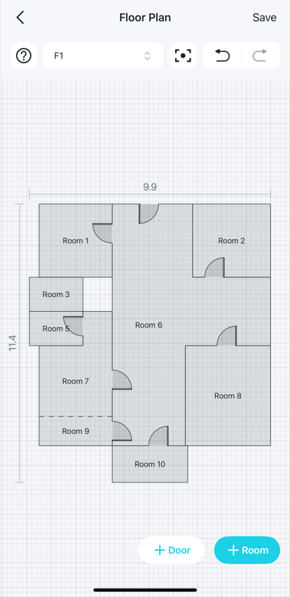A floor plan editing page displaying Room 7 and Room 9 have already been merged.