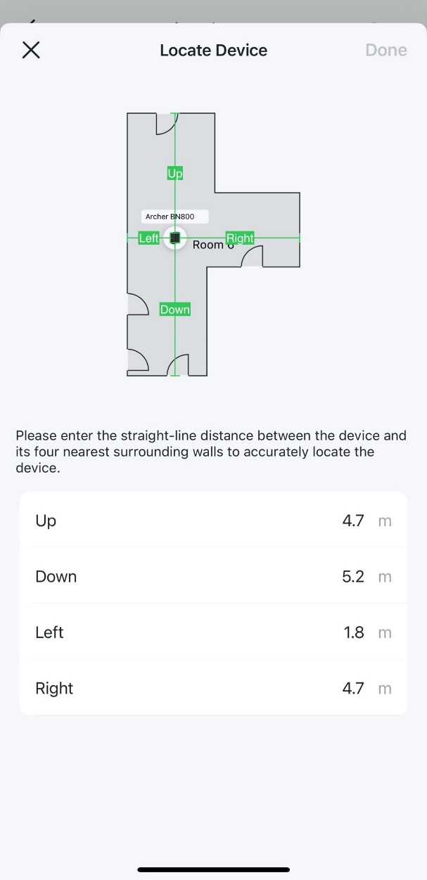 The Locate Device page displaying a floor plan with a device icon and green lines indicating distances to surrounding walls. Input fields below show the measured distances.