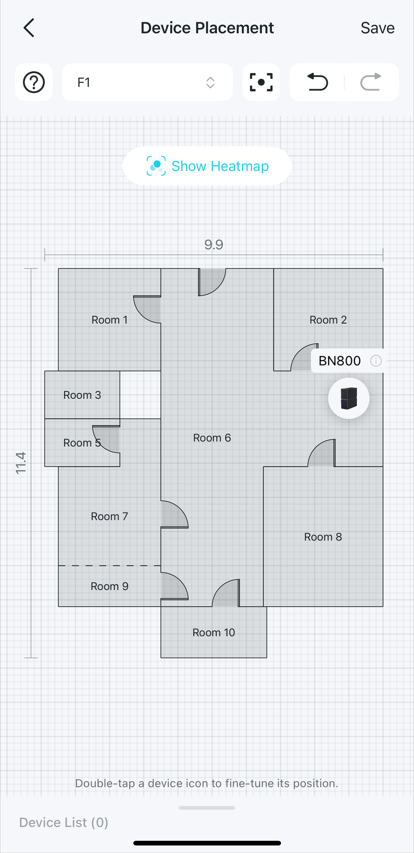 The Device Placement page shows an icon in the center indicating a device location, and a 'Show Heatmap' button is visible at the top center.