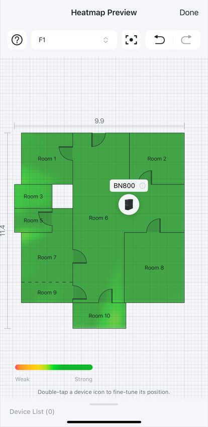 The Heatmap Preview page shows that most visible areas are covered in green, suggesting strong Wi-Fi signal coverage. A color gradient scale at the bottom indicates signal strength from Weak (orange/red) to Strong (green).