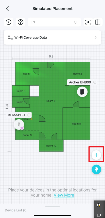 Locate the Add icon on the Simulated Placement page and a virtual device added on the heatmap.
