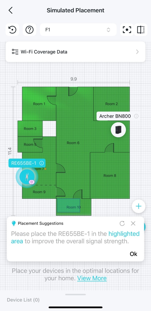 A floor plan with a pop-up suggestion window to instruct how to place the device.