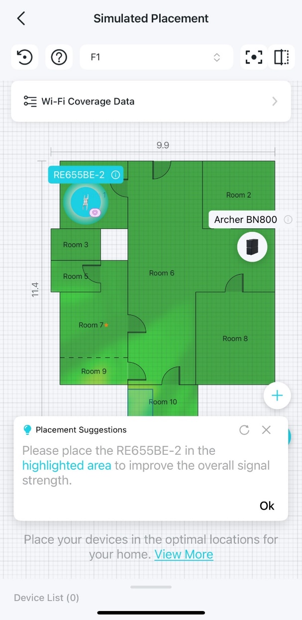 A floor plan with a pop-up suggestion window to instruct how to place the device.