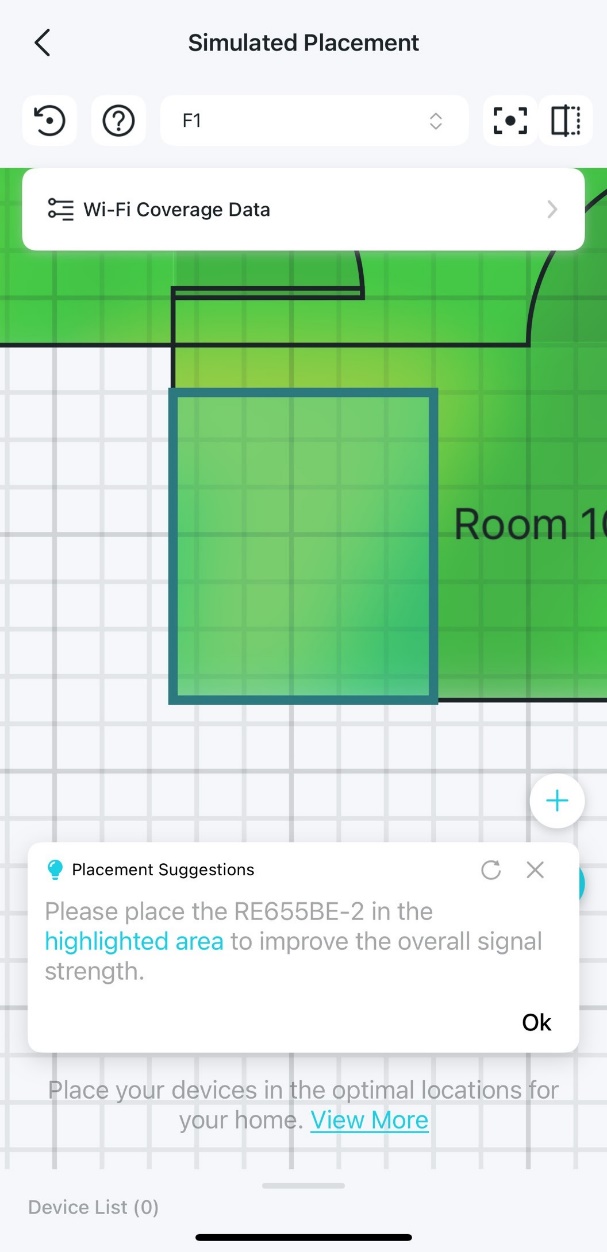 A floor plan with a highlighted area for adjusting the device position.