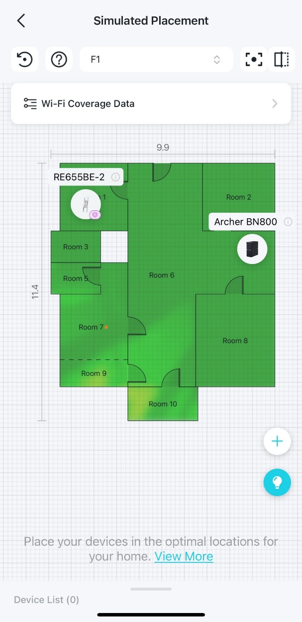 A floor plan with a virtual device added on the heatmap.