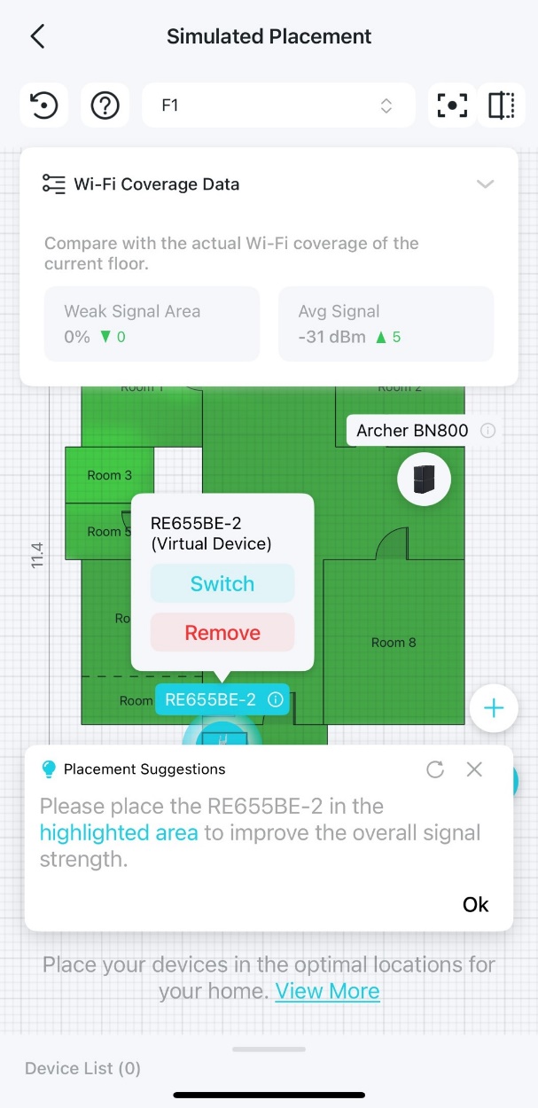 A floor plan with a pop-up suggestion window with a Remove Device button.