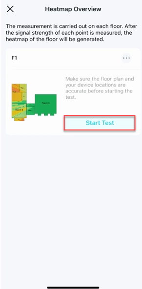 Locate the Start Test button on a floor card in the Heatmap Overview page.