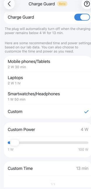 Screenshot of Charge Guard settings page showing that 3 device-specific presets are available, and custom mode is selected with a 15W power threshold and 20-minute duration.