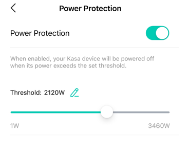 The Power Protection settings screen in the Kasa app showing the feature is enabled, and the power threshold is set to 2120W.