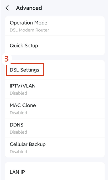 The DSL Settings position on the Advanced page.
