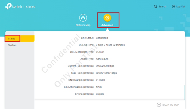 The page displays DSL Status, including Modulation Type, Line Status, and Line Quality.