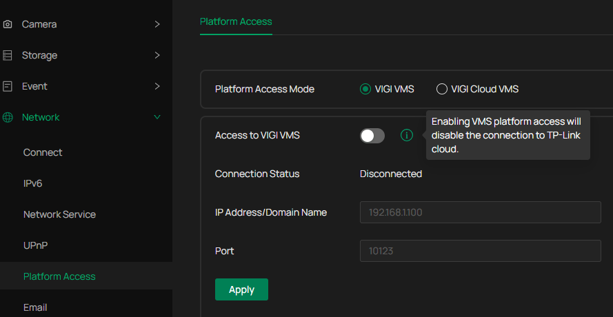 VIGI NVR Web Interface showing a warning that enabling VMS access disables TP-Link Cloud connectivity