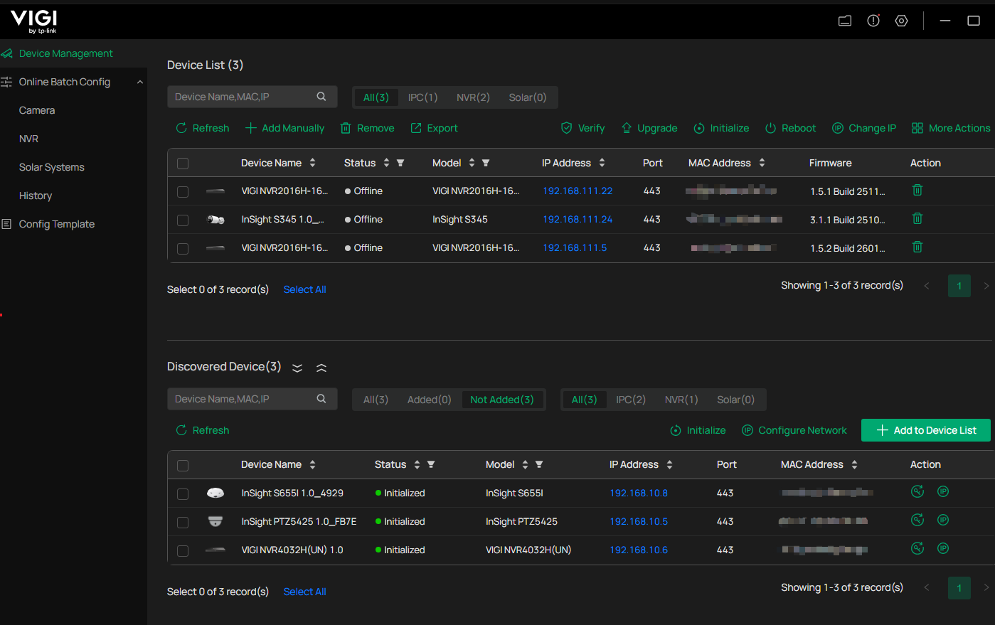 VIGI Config Tool device management page showing device discovery and batch management functions
