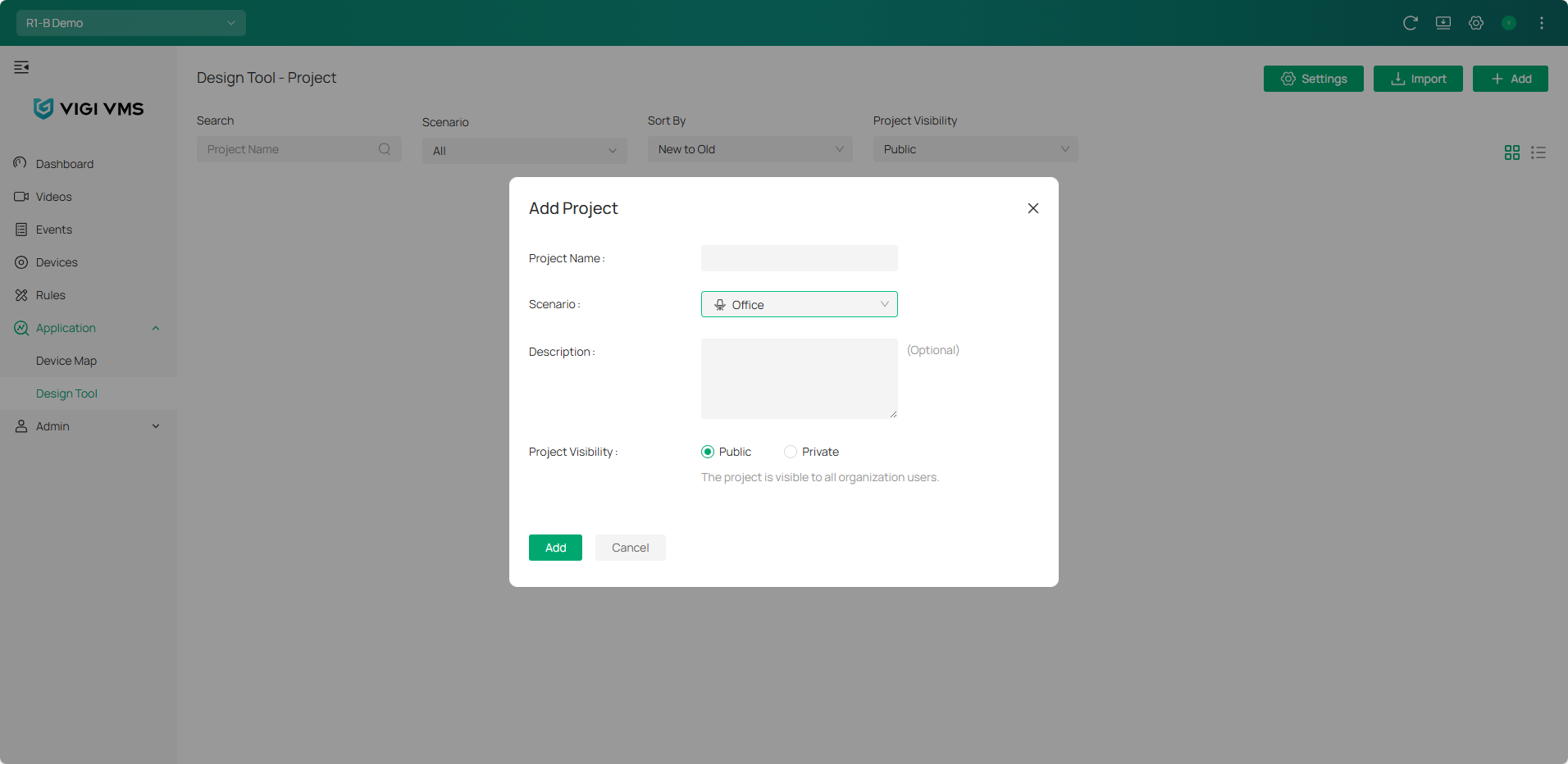 VIGI Project Design Tool page showing add project options Conclusion