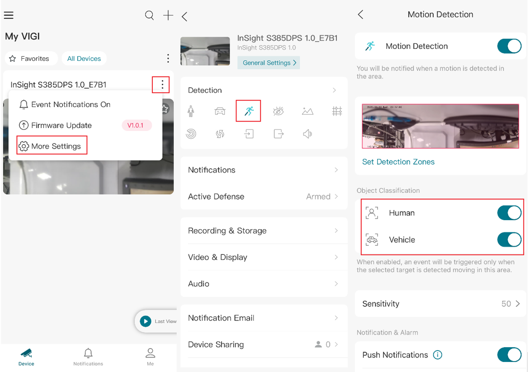 VIGI App Motion Detection settings showing Human and Vehicle detection options