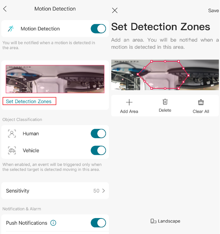 VIGI App Detection Zone page showing a custom motion detection area