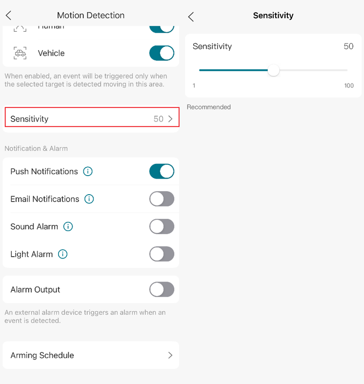 VIGI App Sensitivity page showing the sensitivity adjustment slider