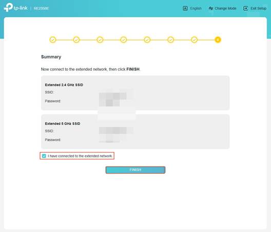 Die Benutzeroberfläche zeigt den Wi-Fi-Namen und das Passwort des Extenders für die Verbindung an.