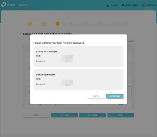 Die Schnelleinrichtungsseite fordert zur Bestätigung des Wi-Fi-Namens und Passworts des Routers auf.