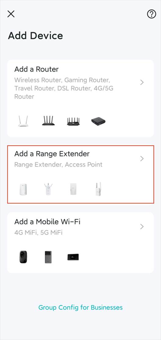 Die Seite „Gerät hinzufügen“ mit den drei Optionen „Router hinzufügen“, „Range Extender hinzufügen“ und „Mobile Wi-Fi hinzufügen“.
