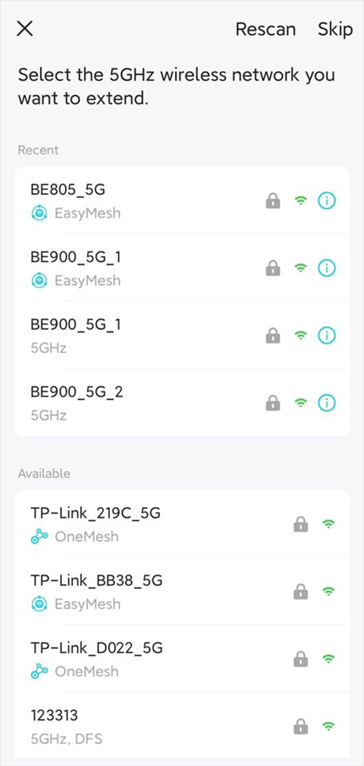 App-Seite mit verfügbaren 5-GHz-Netzwerken zur Auswahl.
