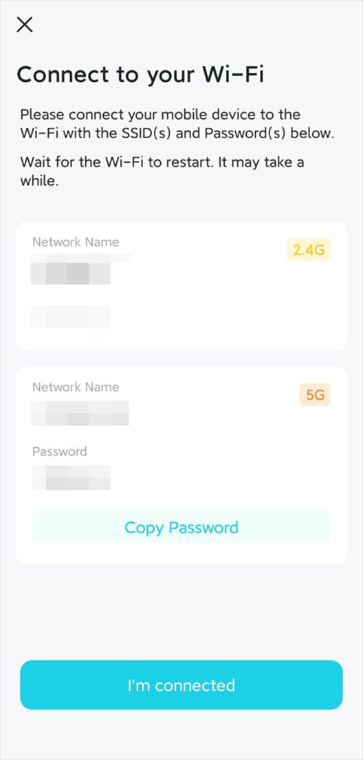 Die App zeigt den Wi-Fi-Namen und das Passwort des Extenders für die Verbindung an.