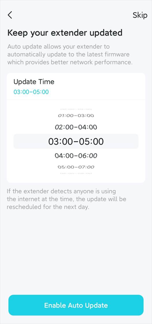 Die App fordert dazu auf, ein Zeitfenster für automatische Updates auszuwählen oder den Schritt zu überspringen.