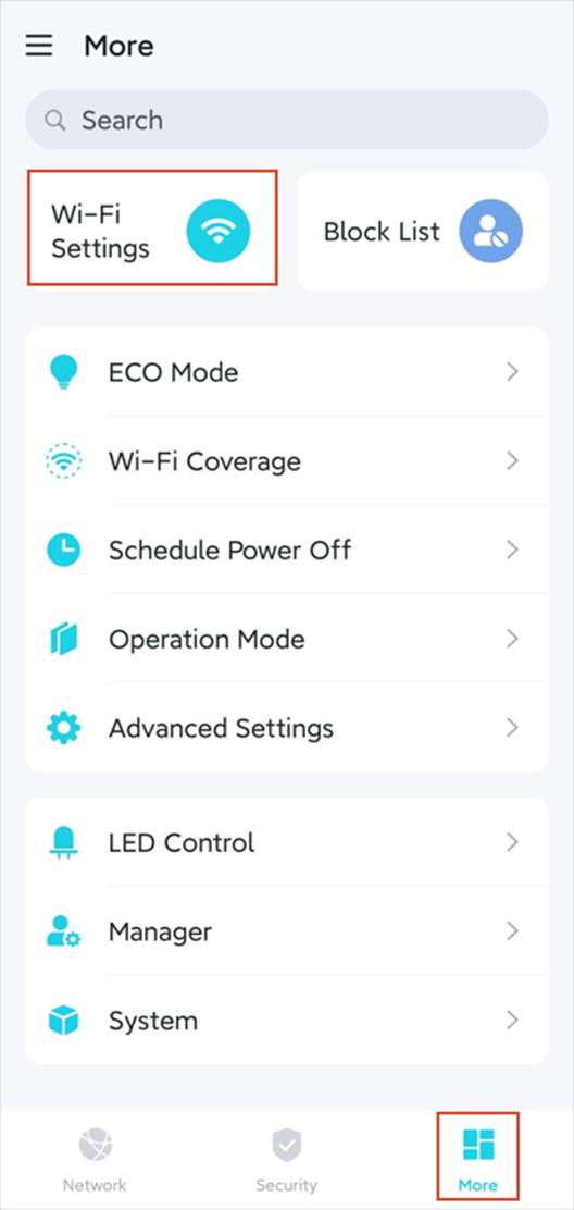 Position der „Wi-Fi-Einstellungen“ auf der Seite „Mehr“.