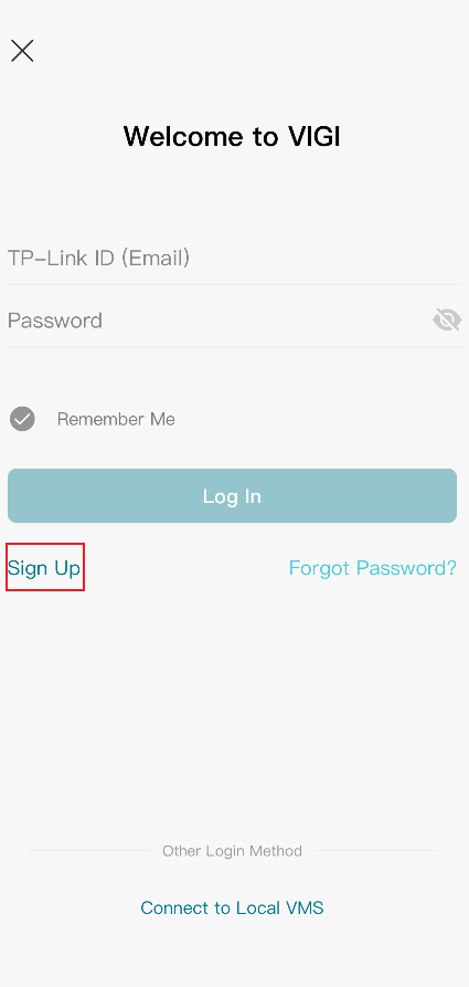 VIGI App login page showing the Sign Up option
