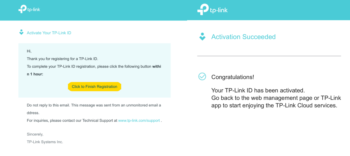 TP-Link ID verification email showing the activation button and activation success page