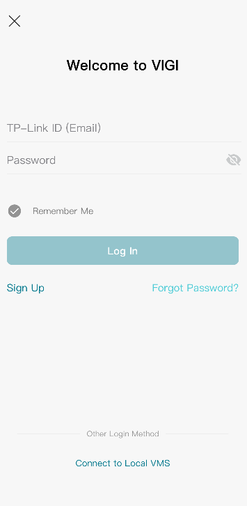 VIGI App login screen displaying TP-Link ID, password, and Connect to Local VMS options