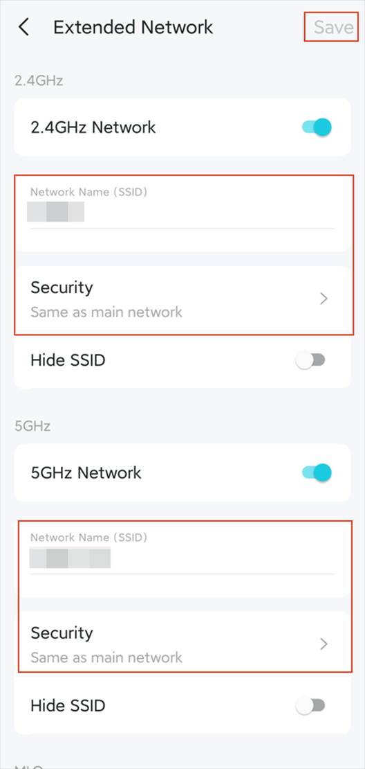Die Seite „Erweitertes Netzwerk“ mit Schaltern für das 2,4-GHz- und 5-GHz-Netzwerk, dem Schalter „SSID ausblenden“ sowie Optionen zum Ändern von Wi-Fi-Name, Passwort und Sicherheitstyp.