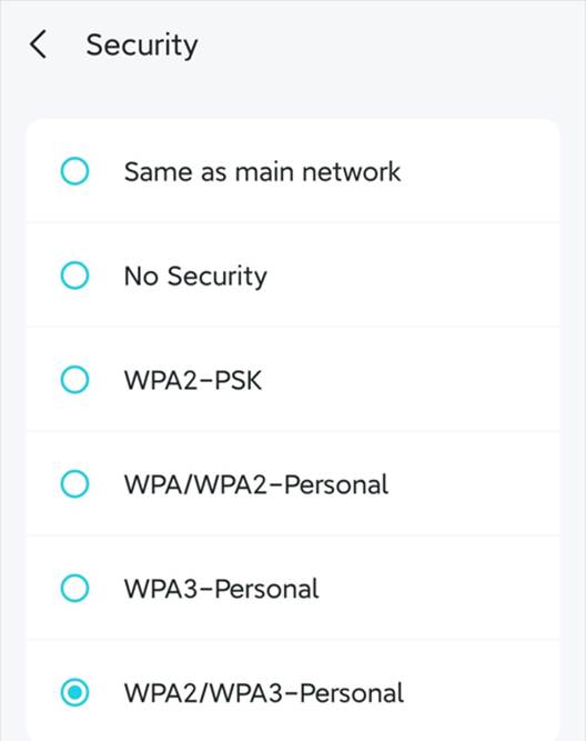 Die Seite „Sicherheit“ mit mehreren Optionen; WPA2/WPA3-Personal ist ausgewählt.