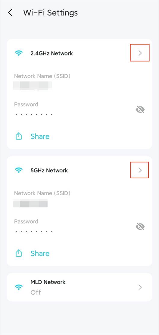 Die Seite „Wi-Fi-Einstellungen“, auf der die Aufklapppfeile für 2,4 GHz und 5 GHz hervorgehoben sind.