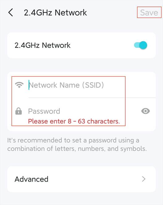 Die Seite „2,4-GHz-Netzwerk“ mit Schalter für das 2,4-GHz-Netzwerk, der Option „Erweitert“ sowie Eingabefeldern für Netzwerkname und Passwort.