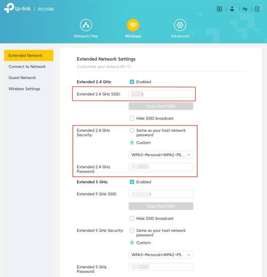 Die Einstellungsseite „Erweitertes Netzwerk“ zum Ändern von SSID, Sicherheit und Passwort.