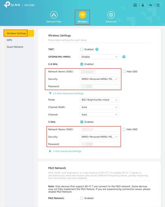 Die Seite „WLAN-Einstellungen“ zum Ändern von SSID, Sicherheit und Passwort.