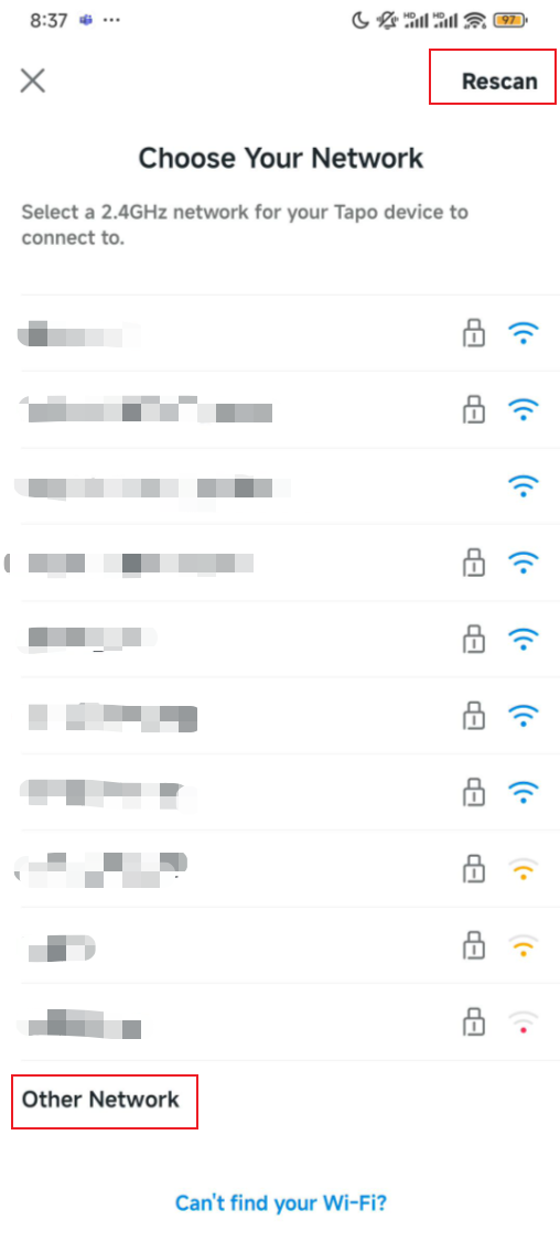 "Rescan" oder "Other Network" auswählen, wenn das Wi-Fi-Heimnetzwerk nicht gefunden wird.