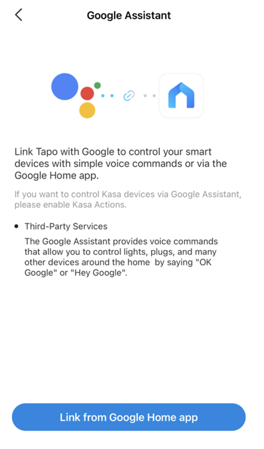 Google Assistant-Seite in der Tapo-App mit der Beschreibung "Tapo mit Google verknüpfen" und der Schaltfläche "Aus Google Home-App verknüpfen".