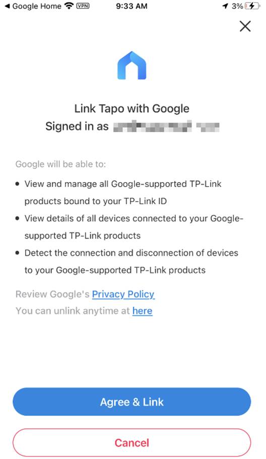 Bestätigungsseite "Zustimmen und verknüpfen" mit verbundenen Google- und Tapo-App-Symbolen sowie den aufgelisteten Berechtigungen für Drittanbieterdienste.