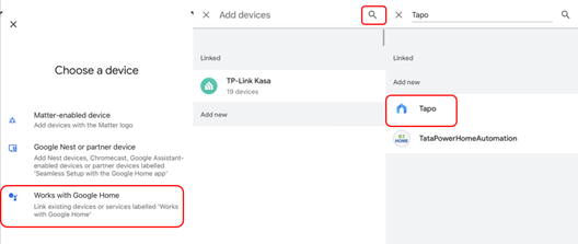 Seiten der Google Home-App mit dem Menü Gerät hinzufügen, in dem "Funktioniert mit Google Home" hervorgehoben ist, sowie Suchergebnisse mit TP-Link Kasa (verknüpft) und Tapo.