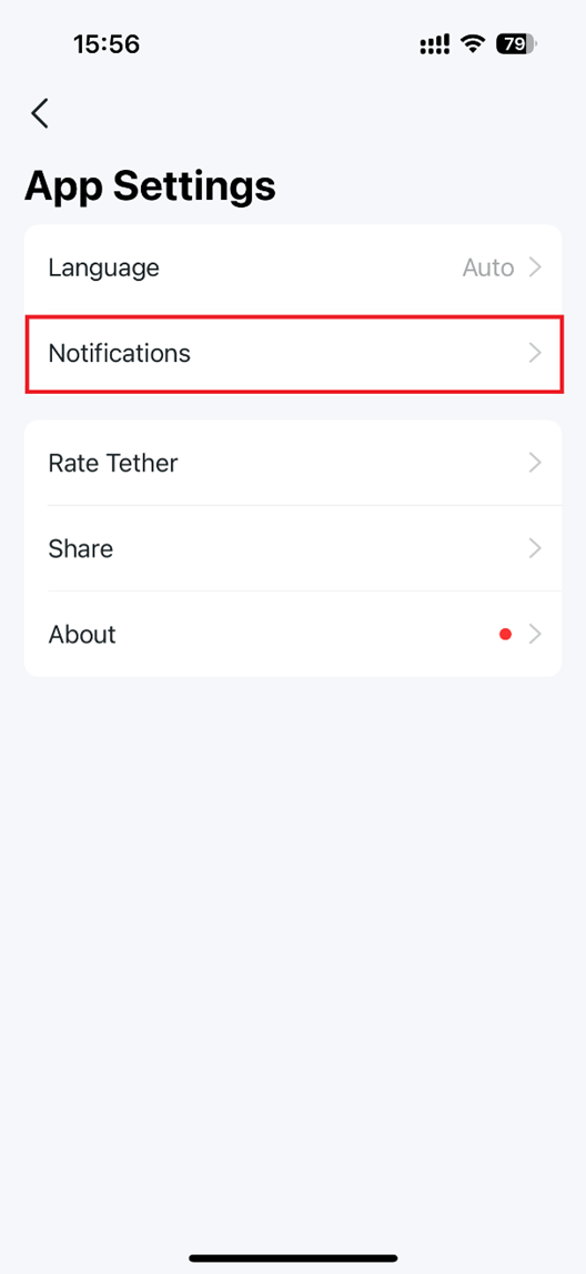 Die Seite App-Einstellungen zeigt die Optionen Sprache, Benachrichtigungen (hervorgehoben), Tether bewerten, Teilen und Über.